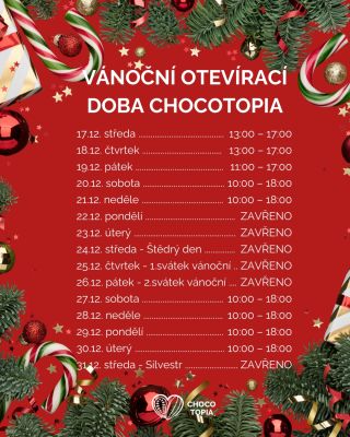 🎄 Vánoční otevírací doba Chocotopia 🎄 Naše čokoládovna je už v plném vánočním kouzlu — a vy si ho můžete přijít užít také!...